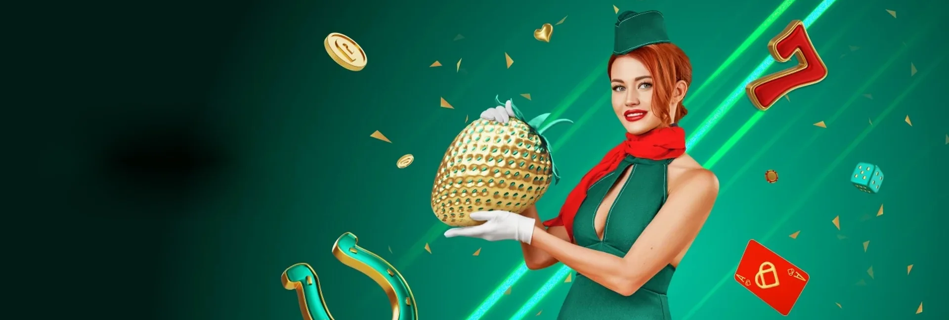 Casino hostess in emerald holding a gold strawberry beside a red seven